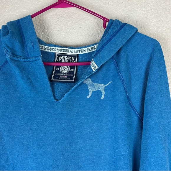 VS Pink Distressed Blue Star Notch Top Hoodie Sweater Large - Picture 9 of 11